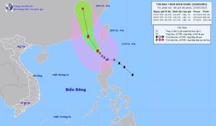 Bão Doksuri vào Biển Đông thành bão số 2 - Ảnh 1. Sơ đồ đường đi bão số 2 - Ảnh: Trung tâm Dự báo khí tượng thủy văn quốc gia